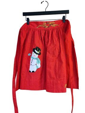 1950s Red Applique and Embroidered Snowman Christmas Apron embellished